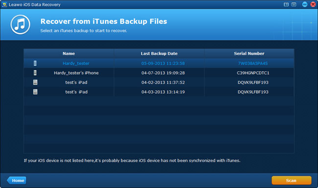 Select an iTunes backup to scan